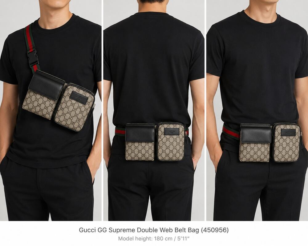 Gucci GG Supreme Double Web Belt Bag Men's Brown Canvas Italy Crossbody W/COA